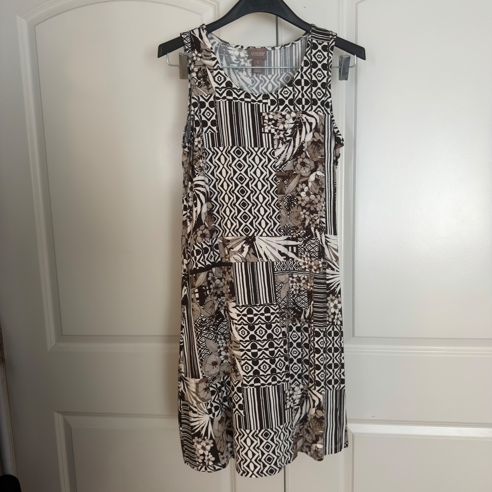Chicos Sleeveless Patchwork Geometric Floral Shift Dress Black White Taupe Sz 1